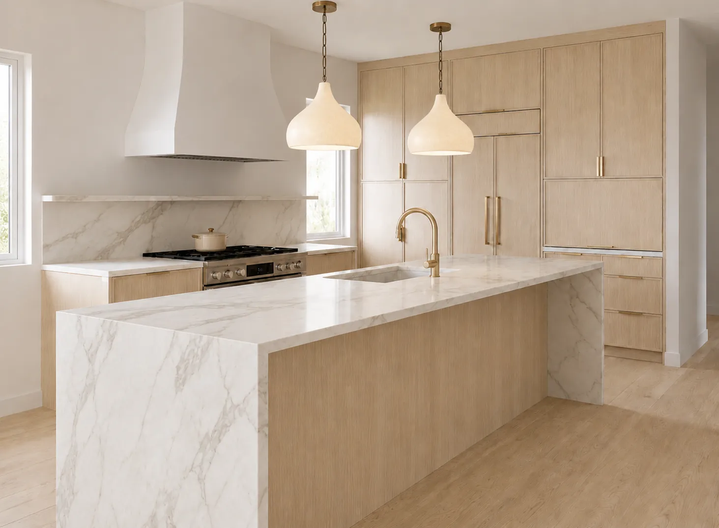 Kitchen after renovation with light cabinetry and an expanded work area.