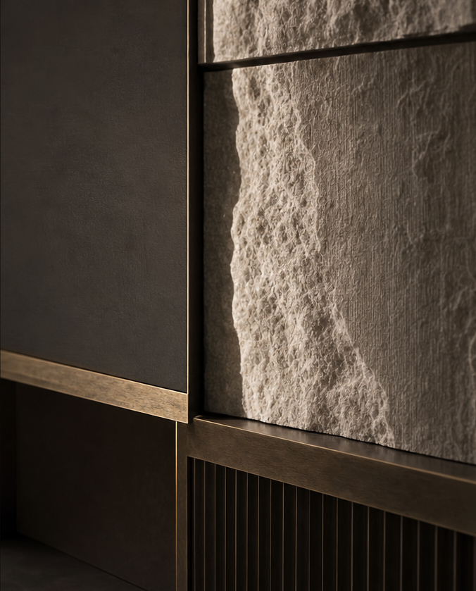 Rough-hewn stone wall panel framed by dark joinery and slim brass trim in a Tekee interior