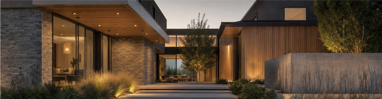 Evening view along the frontage of a modern Tekee home with stone walls, warm-lit timber cladding, and a landscaped entry walk