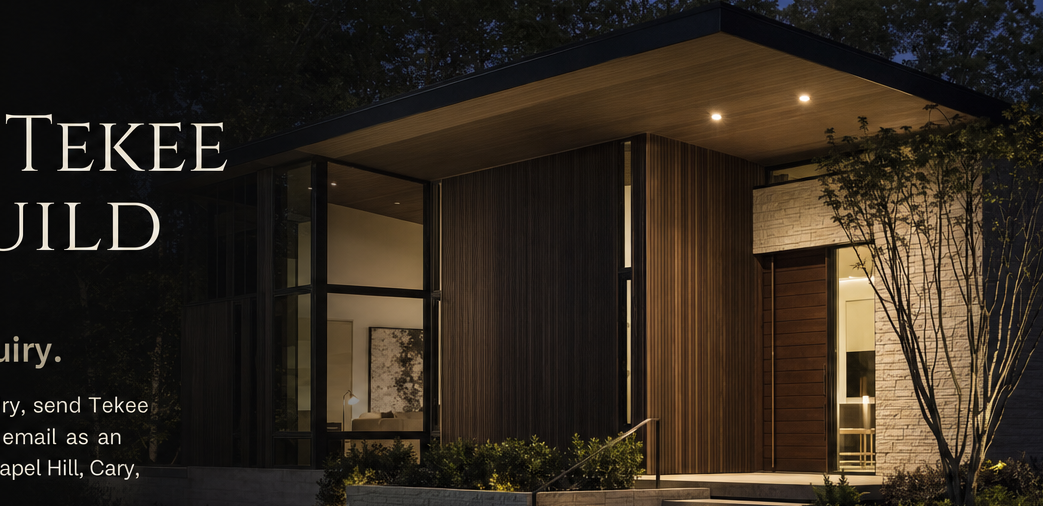 Warm-lit entry of a modern wood-slat home at dusk, with a cantilevered canopy over the front steps