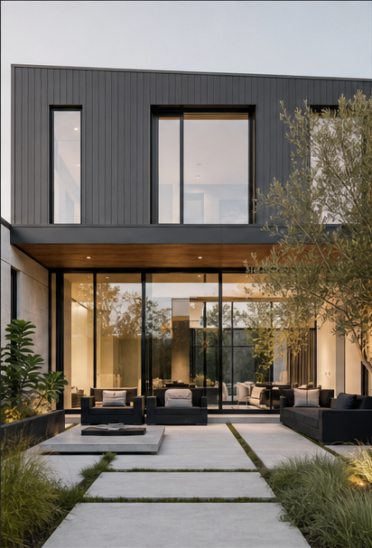 Dark-clad modern residence with full-height glazing opening onto a paved courtyard at dusk