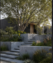 Concrete garden steps rising past a mature tree toward a dark timber home