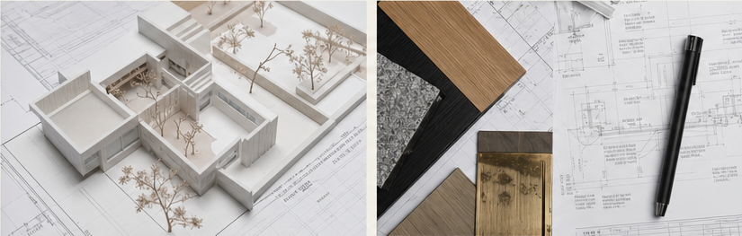 Study model of a residence beside stone, wood, and brass samples laid over working drawings
