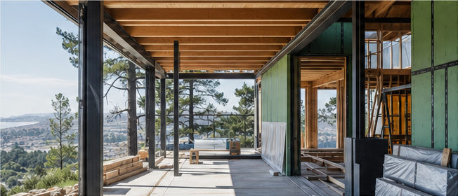 Timber canopy and steel frame of an open living space under construction above wooded hills