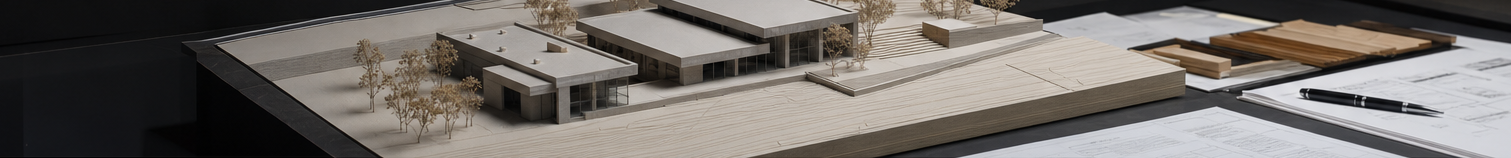 Wide architectural site model of a residence beside working drawings and a pen