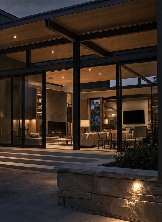 Glass-walled living pavilion glowing at dusk above a lit stone terrace wall