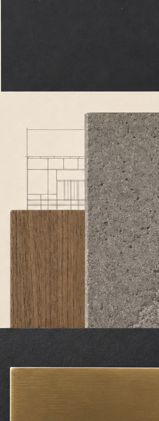 Vertical material board layering dark stone, speckled granite, walnut, a drafting fragment, and brushed brass