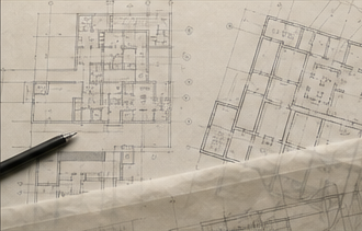 Layered architectural floor-plan drawings with a drafting pencil and trace paper