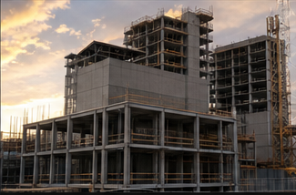 Multi-story concrete structure under construction at dusk