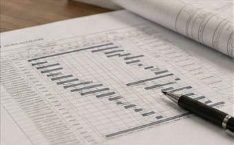 Construction schedule chart spread across drawings with a pen