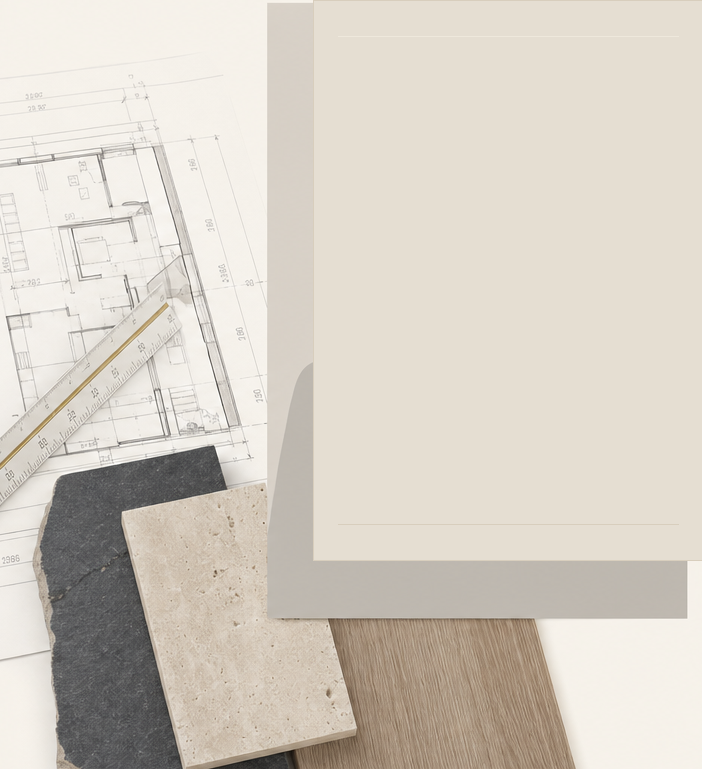 Still life of an architectural blueprint, blank stacked portrait panels, stone tile samples, and a wood slab