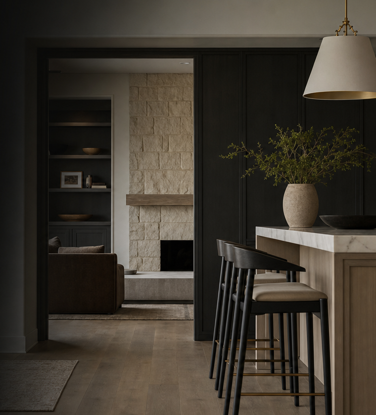 Warm dining and kitchen space with a pendant lamp, counter stools at a stone island, and an olive arrangement
