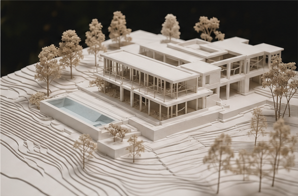 Physical architectural model of a modern residence with terraced landscape and pool
