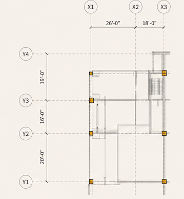 Structural grid plan with column lines and measured dimensions