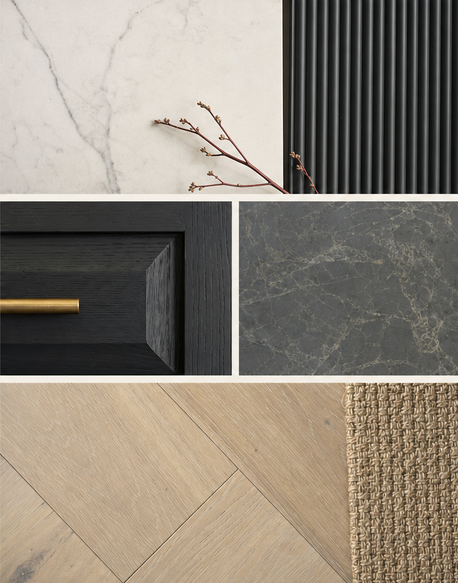 Material board pairing white marble, black wood slats, an ebony drawer front with a brass pull, dark stone, oak flooring, and woven textile around a budding branch