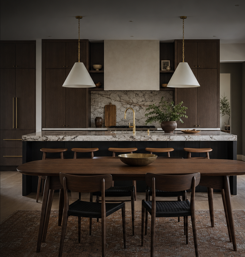 Moody Tekee kitchen and dining room with twin pendants over the island and a wood dining table in the foreground