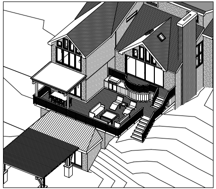 Architectural model showing planned additions, decks, and site levels