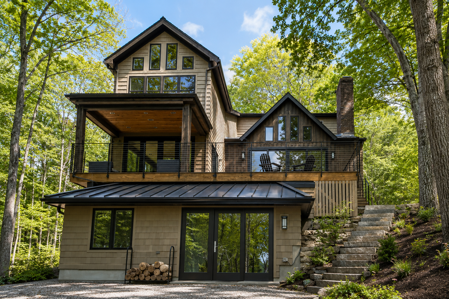 Completed wooded home exterior with timber decks, dark metal roofs, and stone site stairs