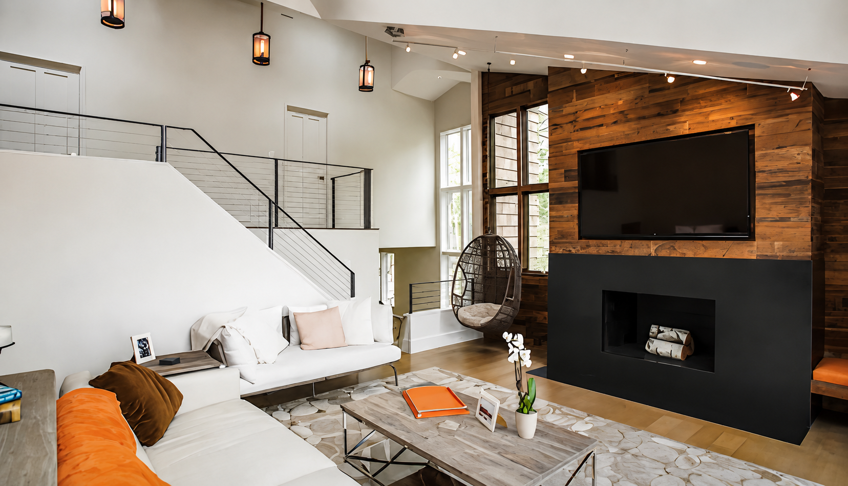 Double-height living room with a black fireplace wall